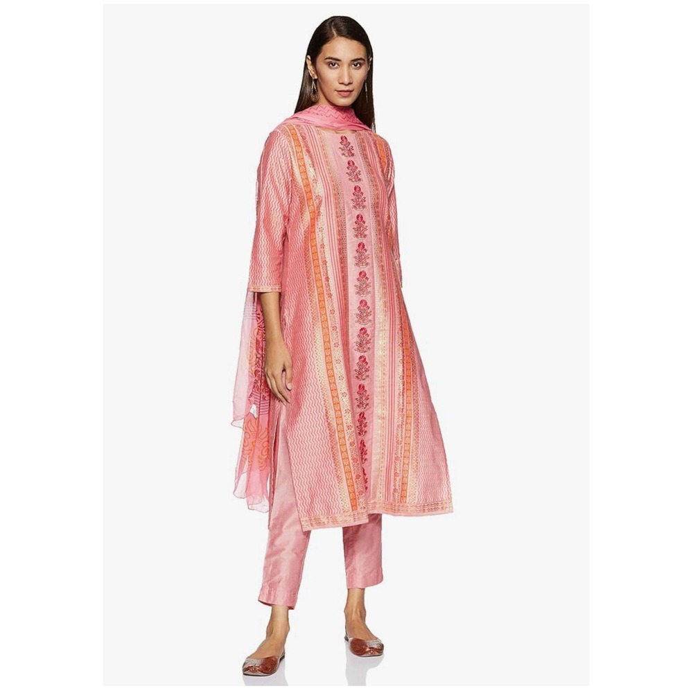 Tanisha Women's Pink Gold Floral Print Regular A-line Kurta Top Only Size Medium